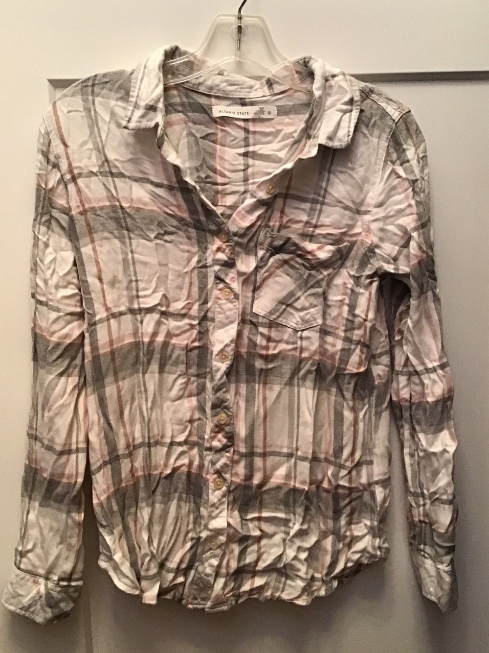 Altar'd State White Plaid Button-Up with Pink and Gray Stripes